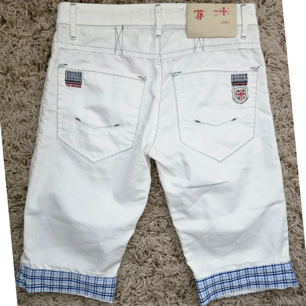 John Richmond White Women's Bermuda Shorts with Blue Plaid Cuffs